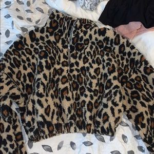 Cheetah print quarter zip cropped fuzzy jacket